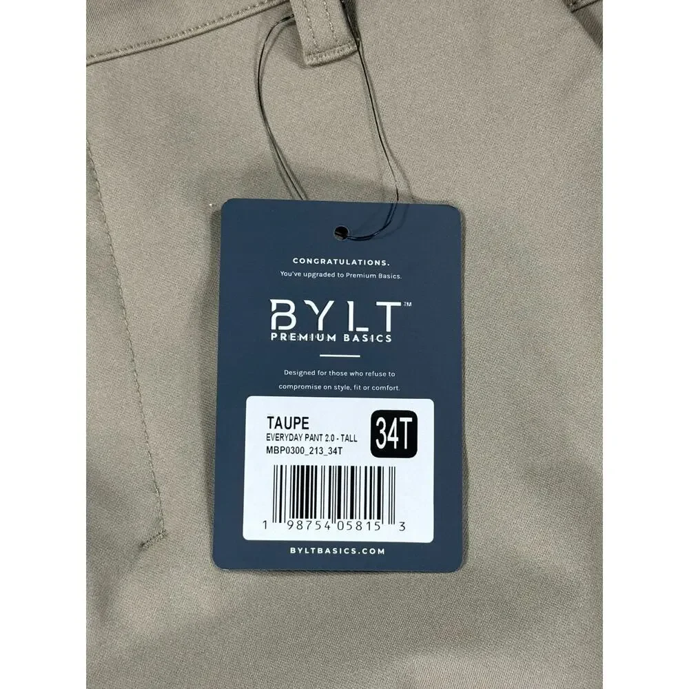 BYLT Pants Mens 34 Tall Taupe Everyday Pant Stretch Travel Golf Casual